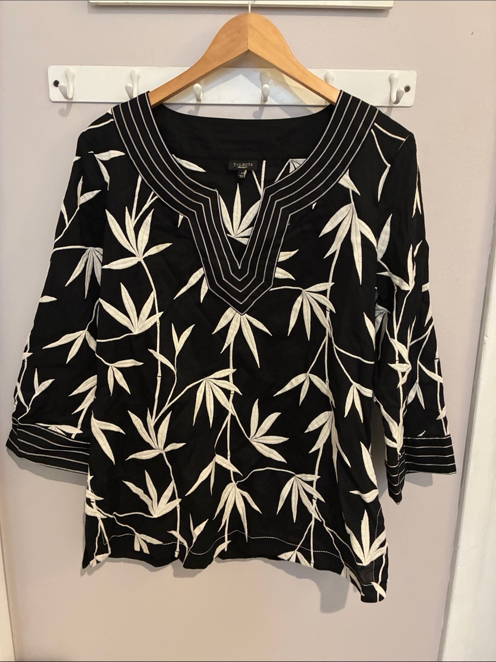 Talbots Black Tunic with White Leaf Embroidery
